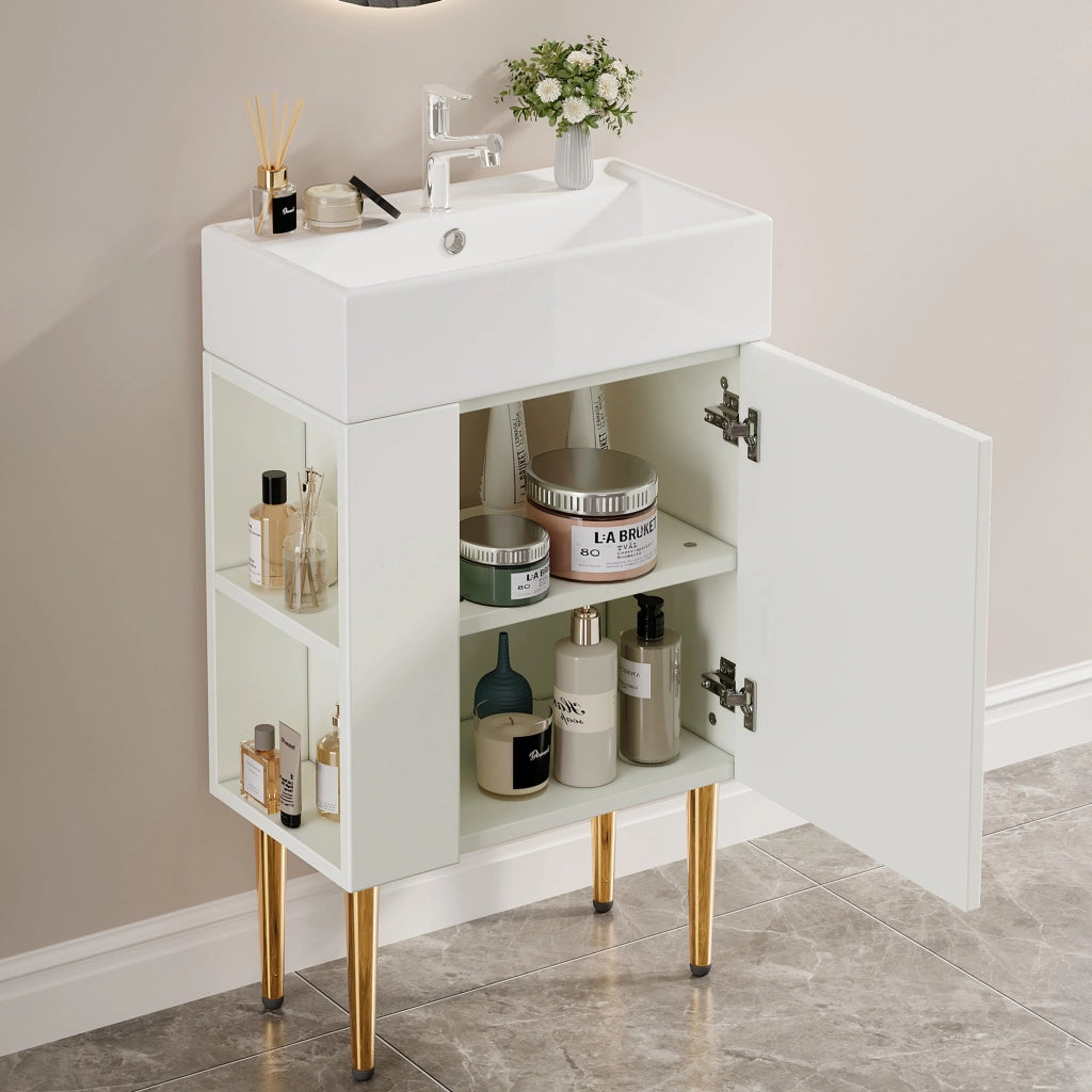 Mobile bagno da terra bianco con lavabo integrato e ripiani