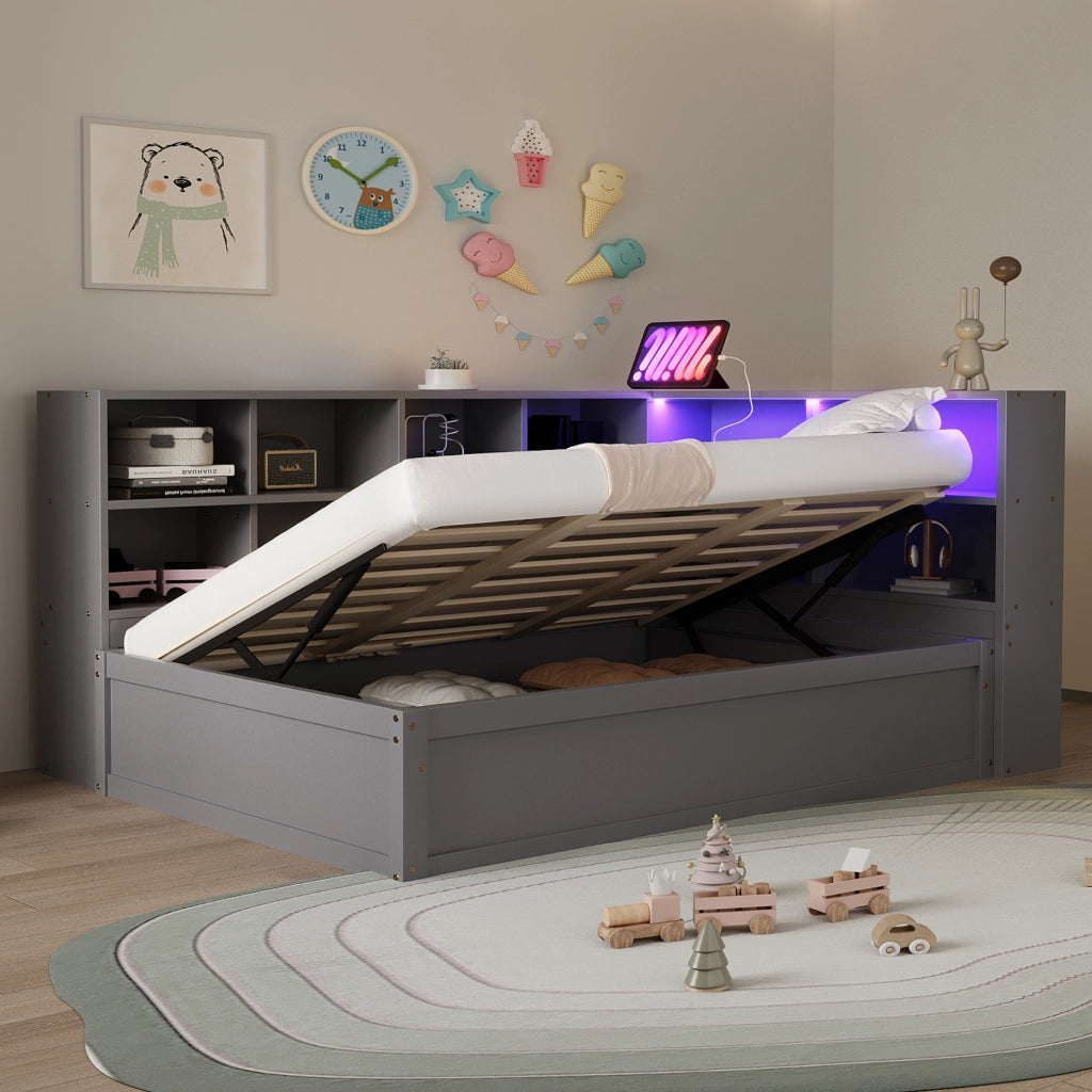 Letto singolo 90 × 200 cm con vano contenitore idraulico prese integrate e LED controllabile in legno grigio