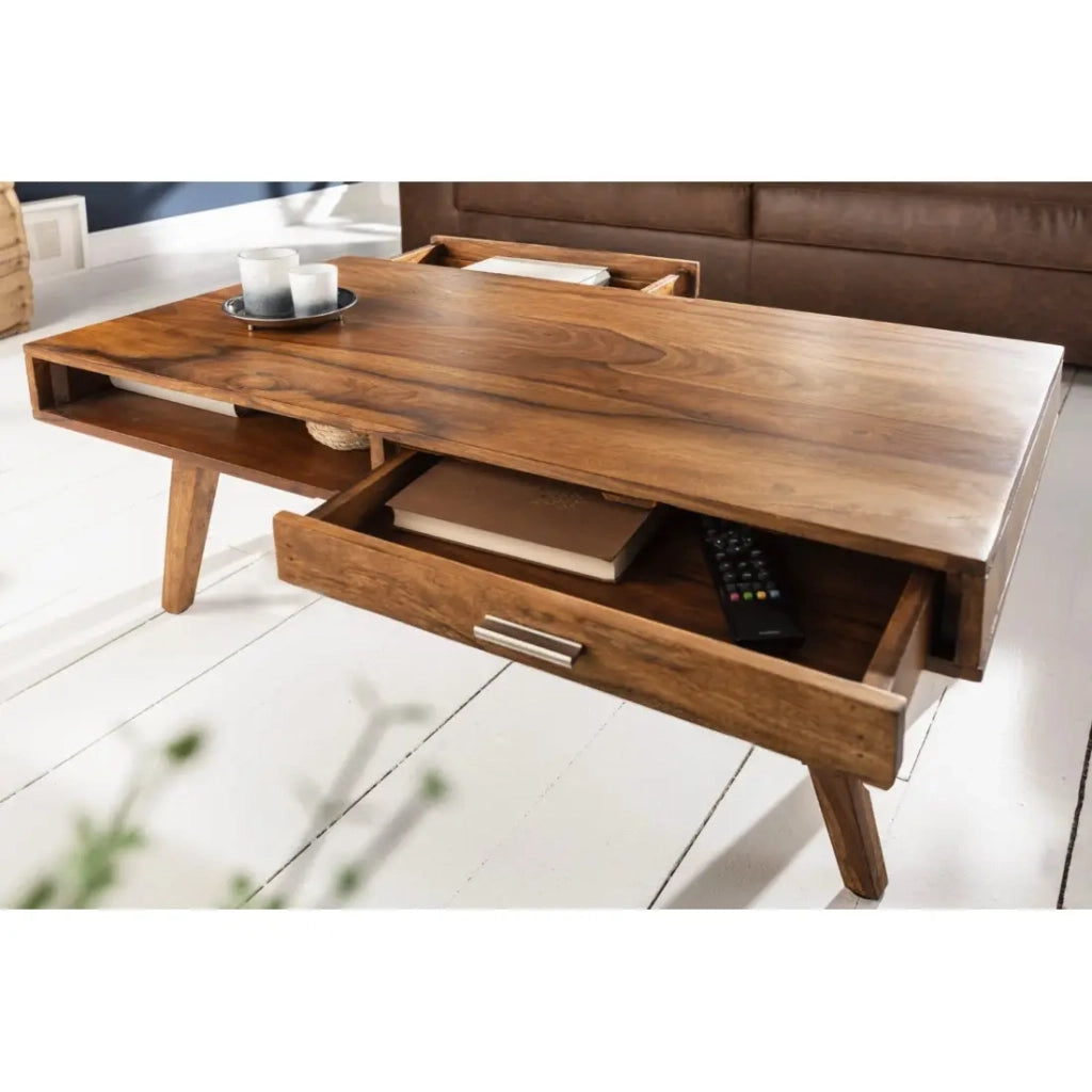 Tavolino basso SCANOVA 100 cm in legno massiccio di sheesham con contenitore stile scandinavo