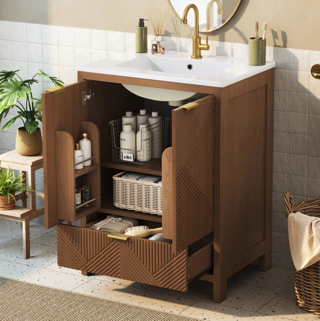 Mobile bagno a pavimento con lavabo in ceramica 61x47 cm; 2 ante e cassetto; noce HOMVRA