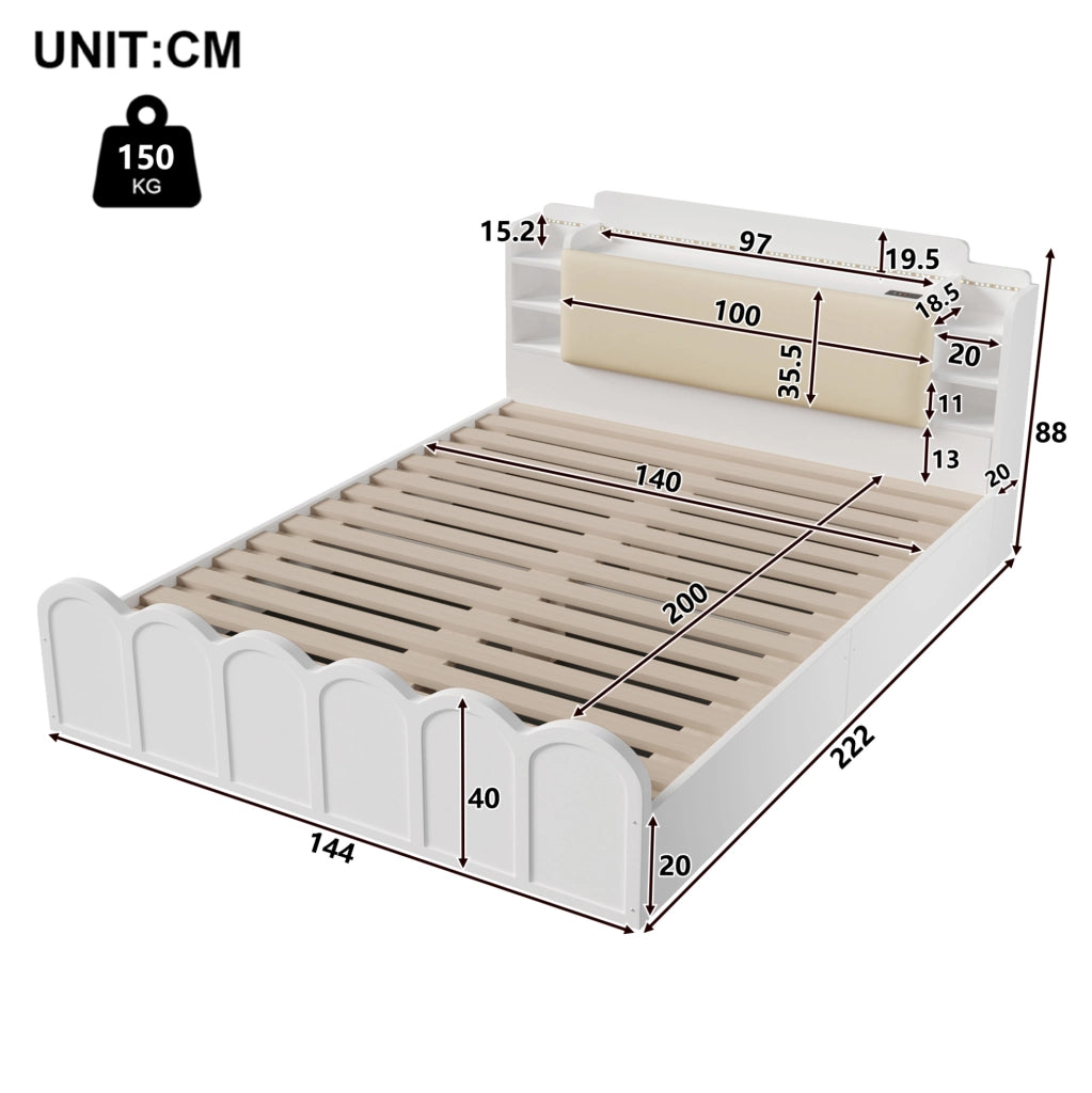 Letto 140x200 cm con contenitore idraulico, LED, USB e USB-C bianco
