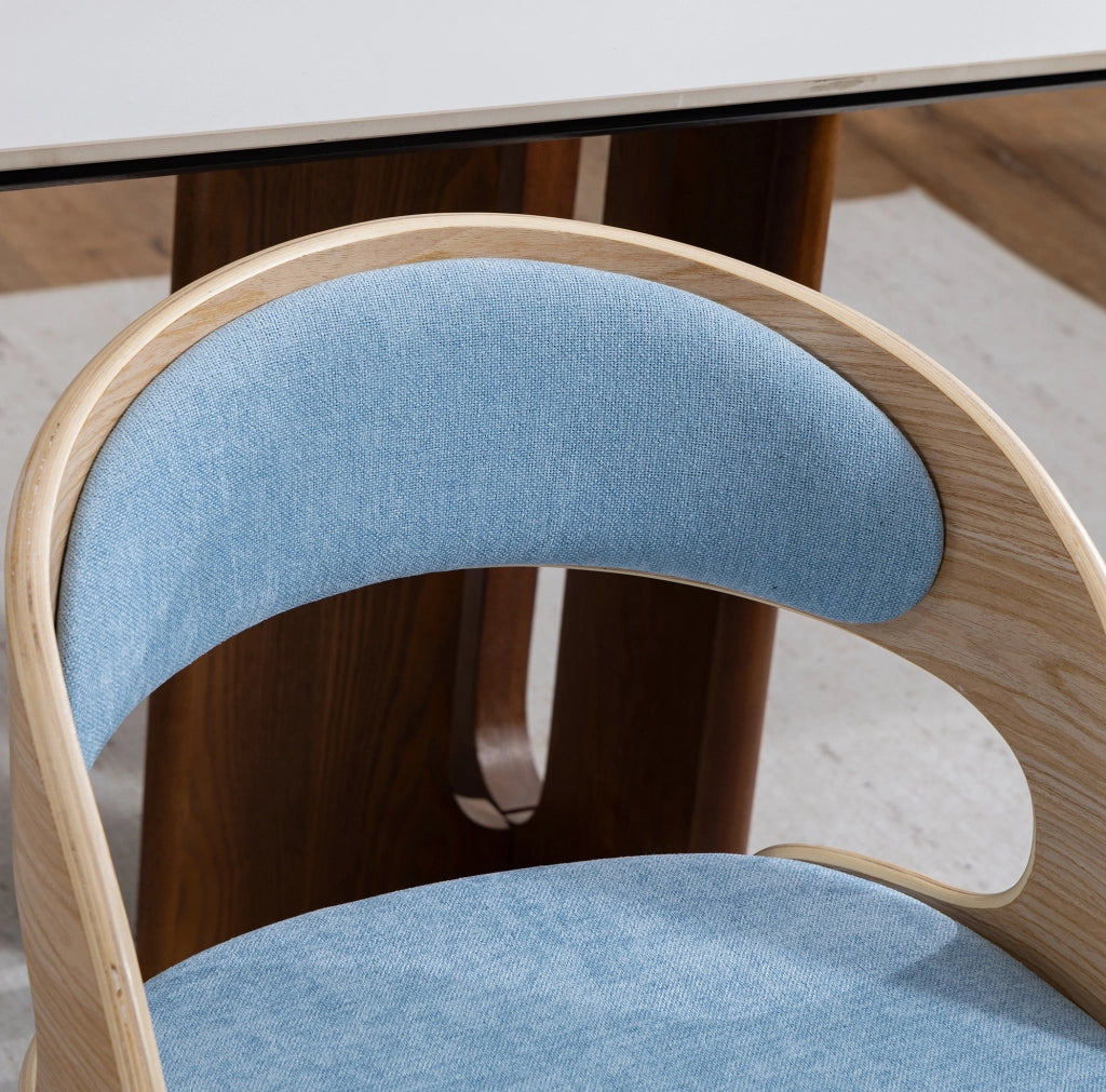 Set 2 sedie da pranzo girevoli a 360° in lino blu con gambe in faggio HOMVRA