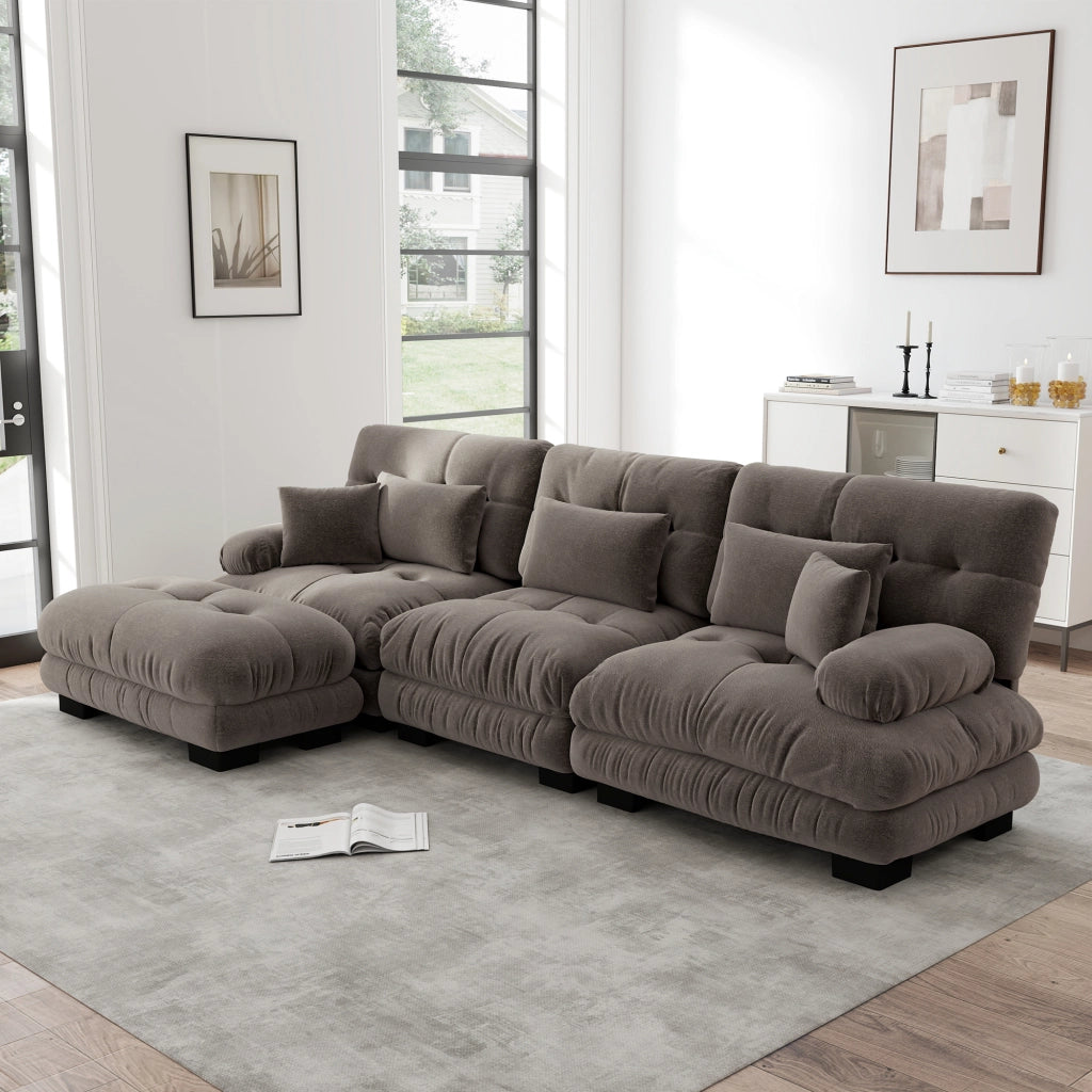 Divano modulare angolare con ottomane mobili configurabile a L o a U in ciniglia marrone 313 × 145 × 81 cm