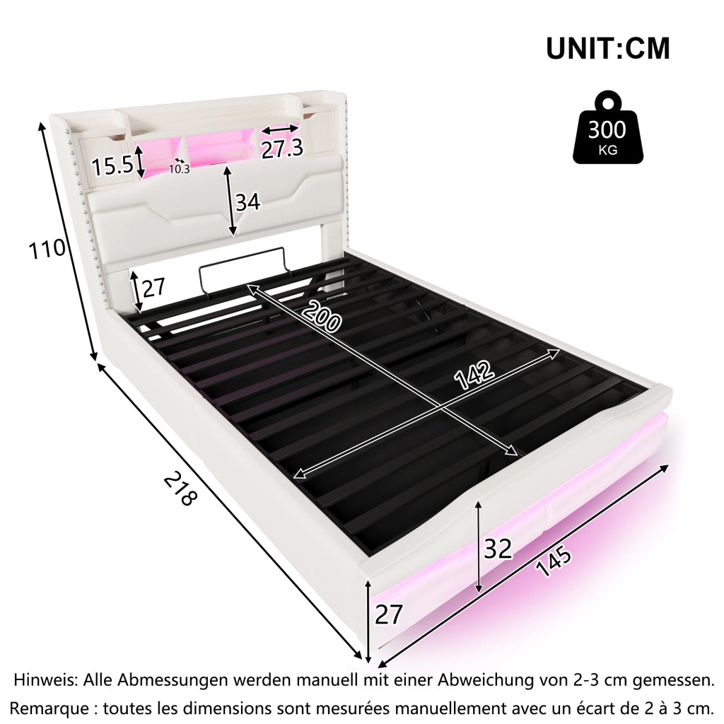 Letto contenitore 140 × 200 cm con sollevamento idraulico; testiera con vano; LED; USB e Type-C; beige