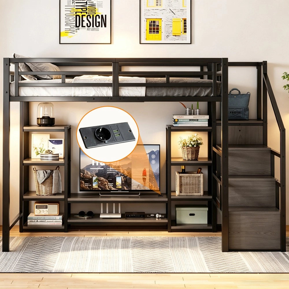 Letto a castello 140x200 - Zephmum - con TV-St?nder, presa di corrente, scala di sicurezza