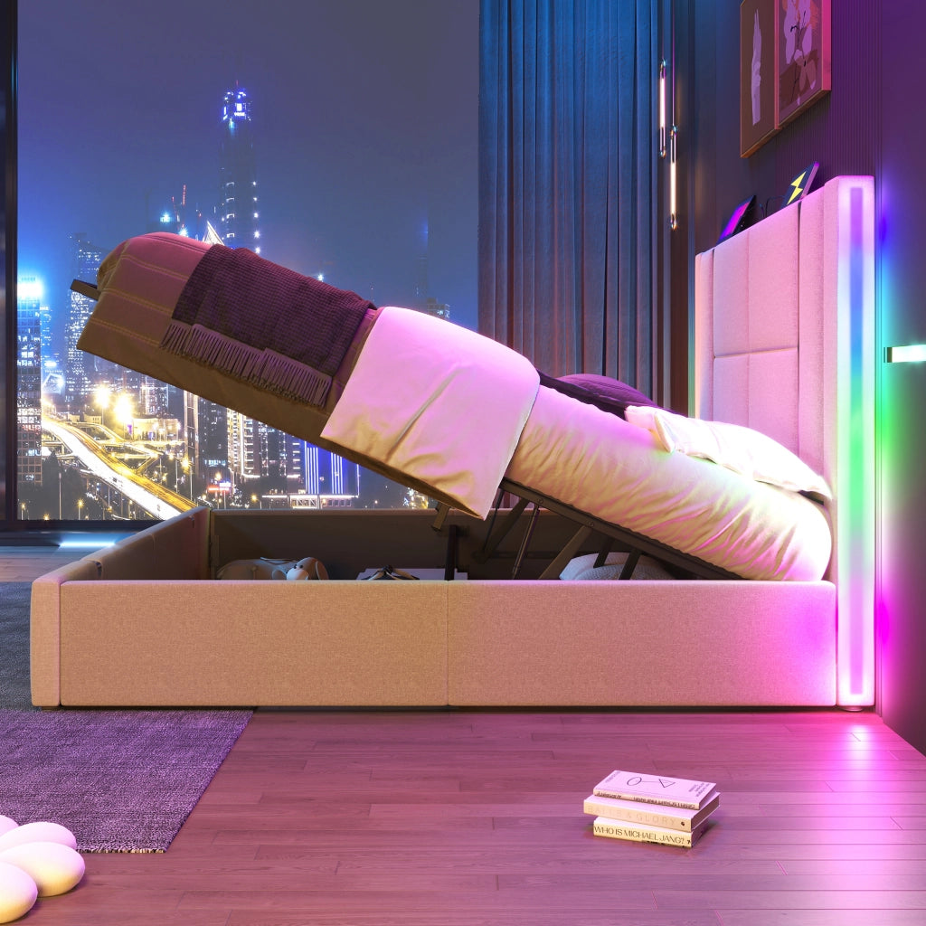 Letto matrimoniale imbottito 160x200 beige con LED RGB
