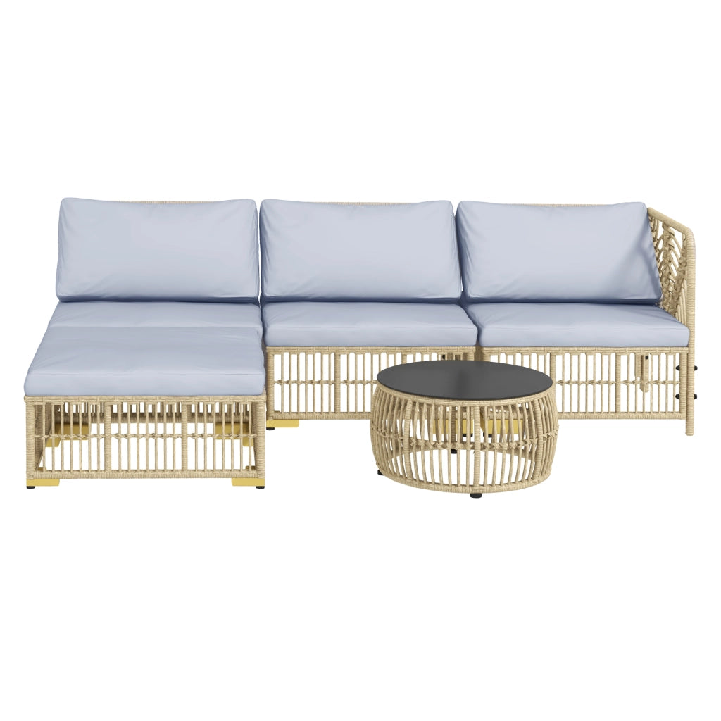 Set 5 Pezzi Mobili da Giardino in Rattan Sintetico Grigio Chiaro con Cuscini e Struttura in Acciaio Robusto per Terrazzo ed Esterno