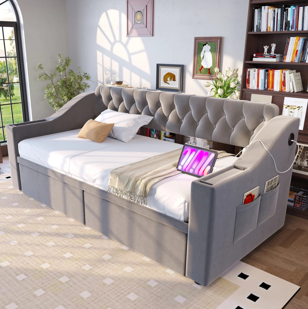 Divano Letto Imbottito 90x190 cm con Braccioli Larghi e Spessi, Rivestimento in Velluto Grigio Chiaro, Porta USB, Cassetti Contenitore e Alveari Integrati