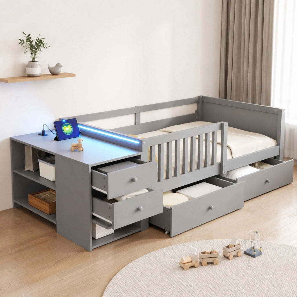 Letto alto per bambini 90x200 cm con contenitore, LED e presa