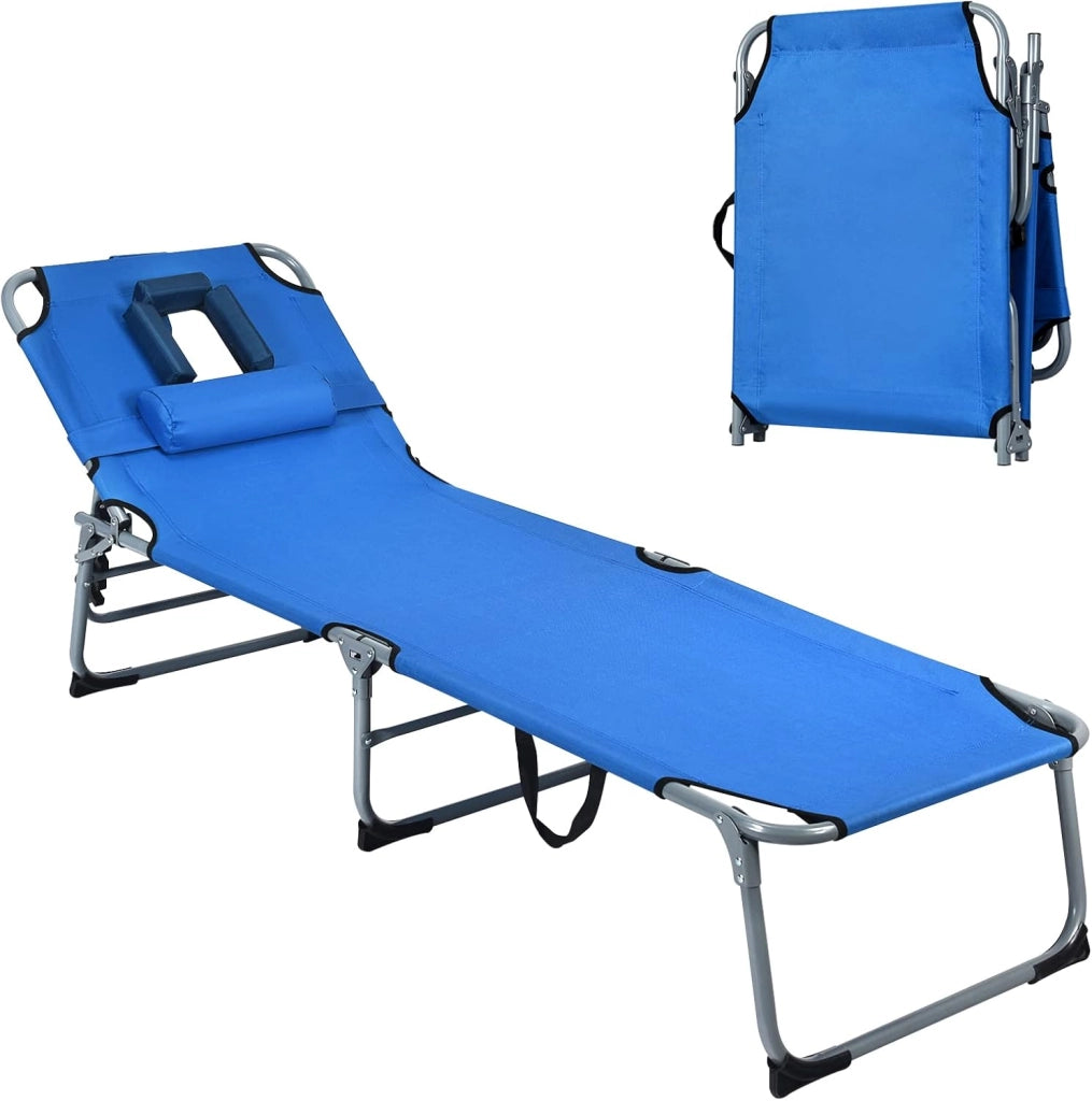 Lettino Prendisole Pieghevole, Sedia a Sdraio da Giardino con Foro per il Viso e Cuscini, Schienale Reclinabile, per Spiaggia Patio Piscina (Blu)