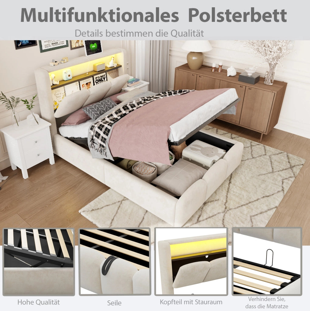 Letto singolo imbottito 90x200 cm con contenitore idraulico, rivestimento in velluto beige e illuminazione LED con USB e Type-C