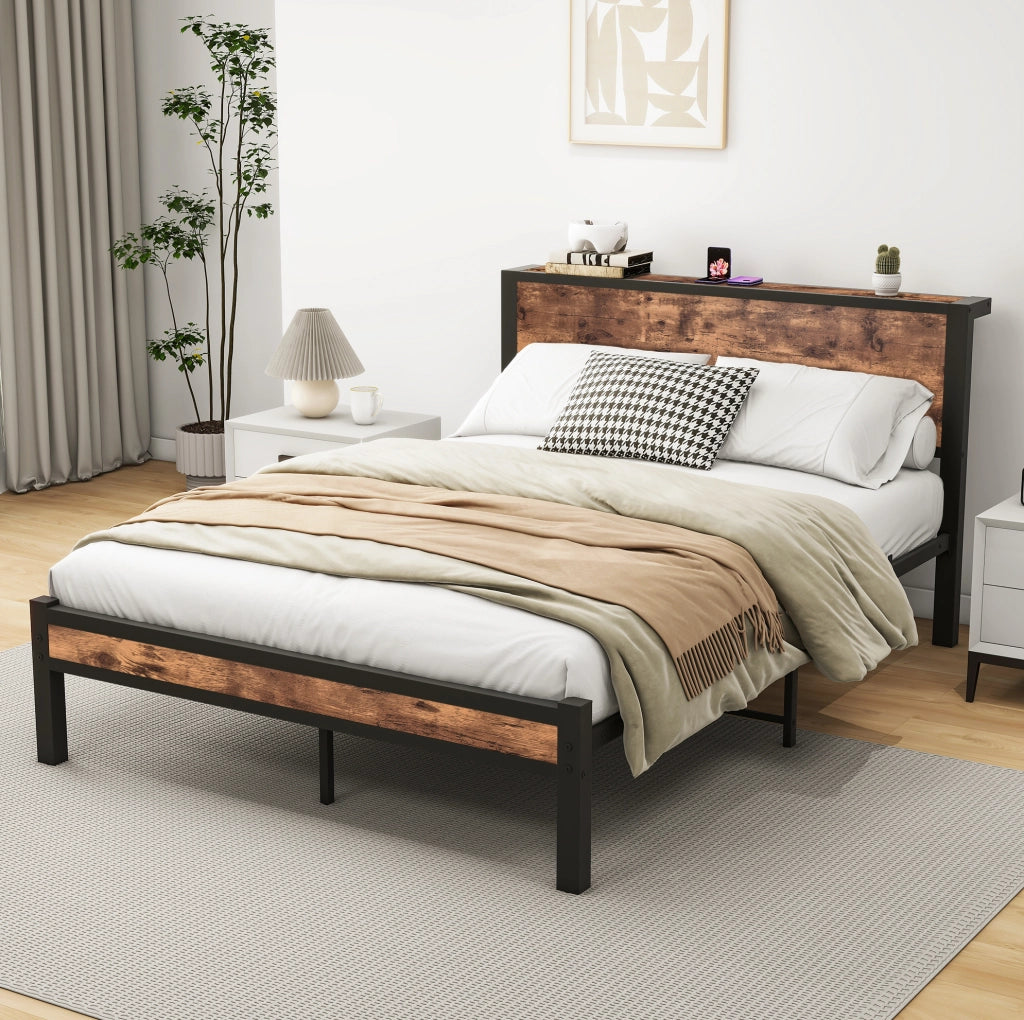 Letto singolo 140x200 cm con struttura in metallo e testiera contenitore in MDF vintage marrone
