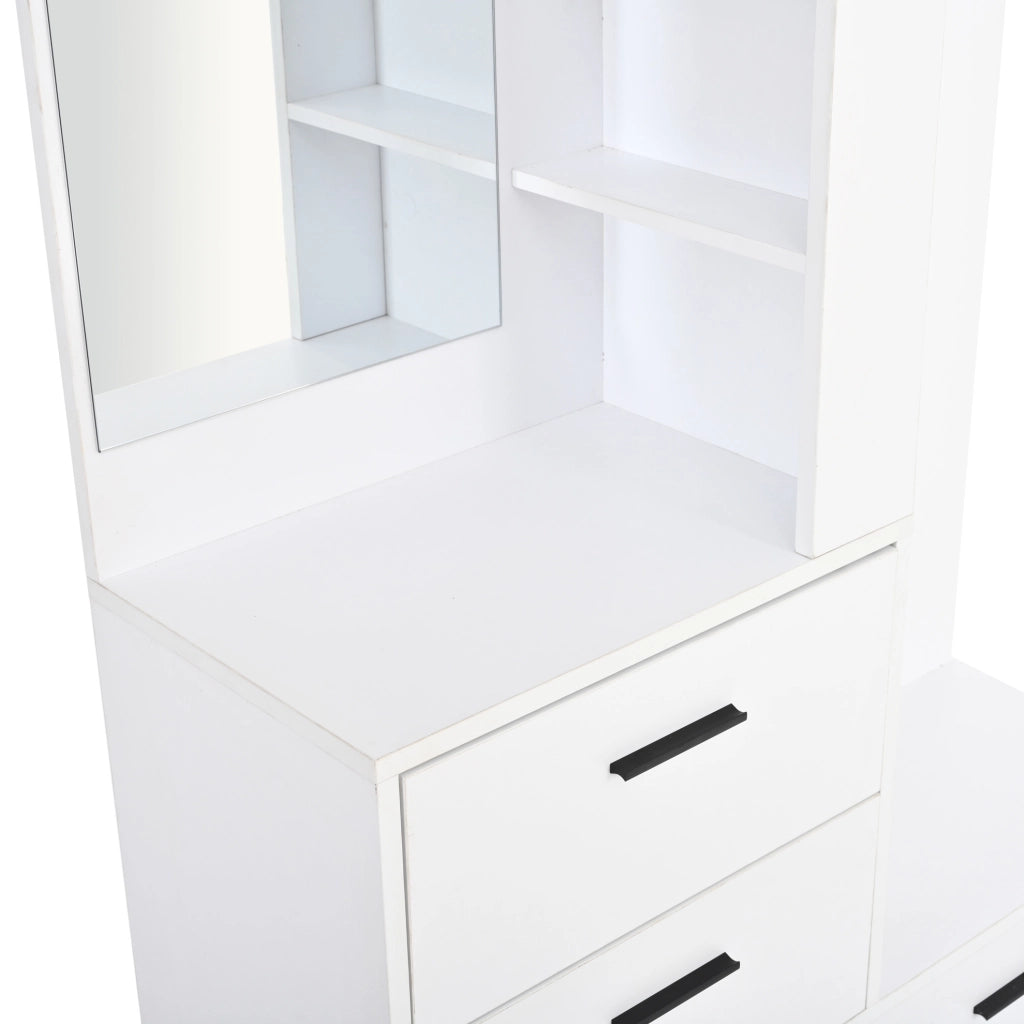 Garderoba bianca in MDF 90x30x180 cm con specchio, 2 cassetti, 3 ganci e scarpiera ribaltabile