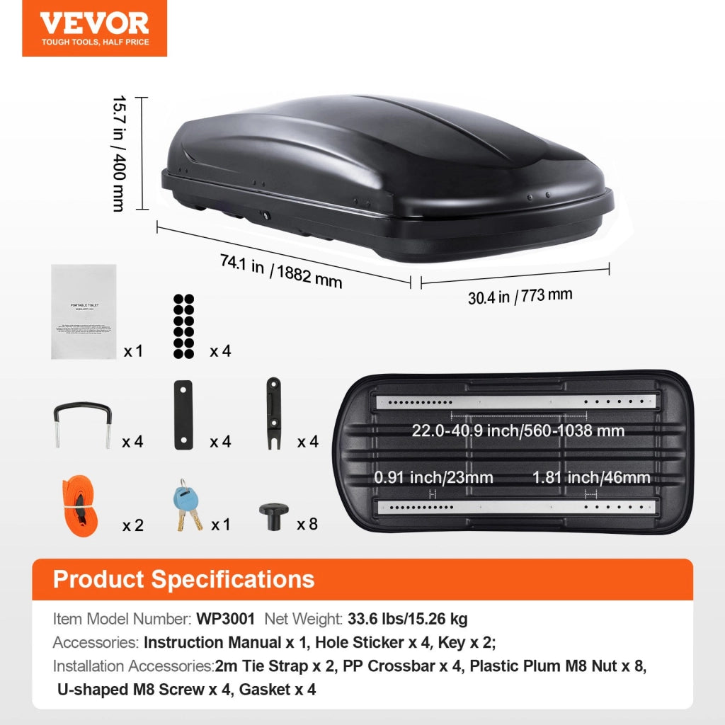 WP3001 Box da Tetto Auto 370 L in ABS Nero, Baule Portapacchi Aerodinamico con Doppia Apertura per Auto e SUV