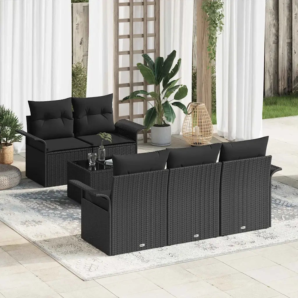 Set Divano da Giardino 6 pcs Nero Polyrattan, Acciaio e Vetro