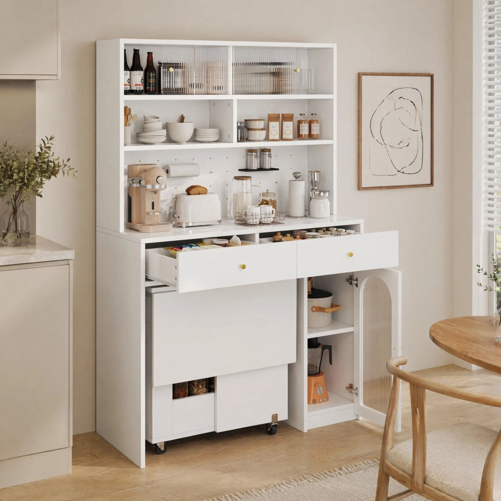 Set di mobili da cucina con armadio alto e tavolo pieghevole in MDF bianco con vetro ondulato