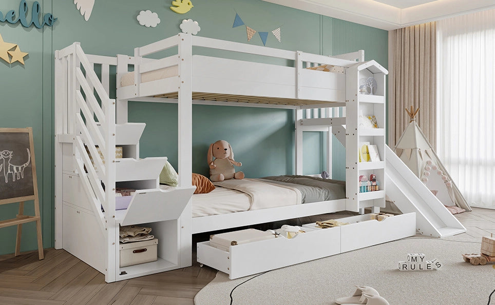 Letto a castello per bambini con scivolo, due cassetti su rotelle e scaletta con armadietto, bianco 90x200 cm