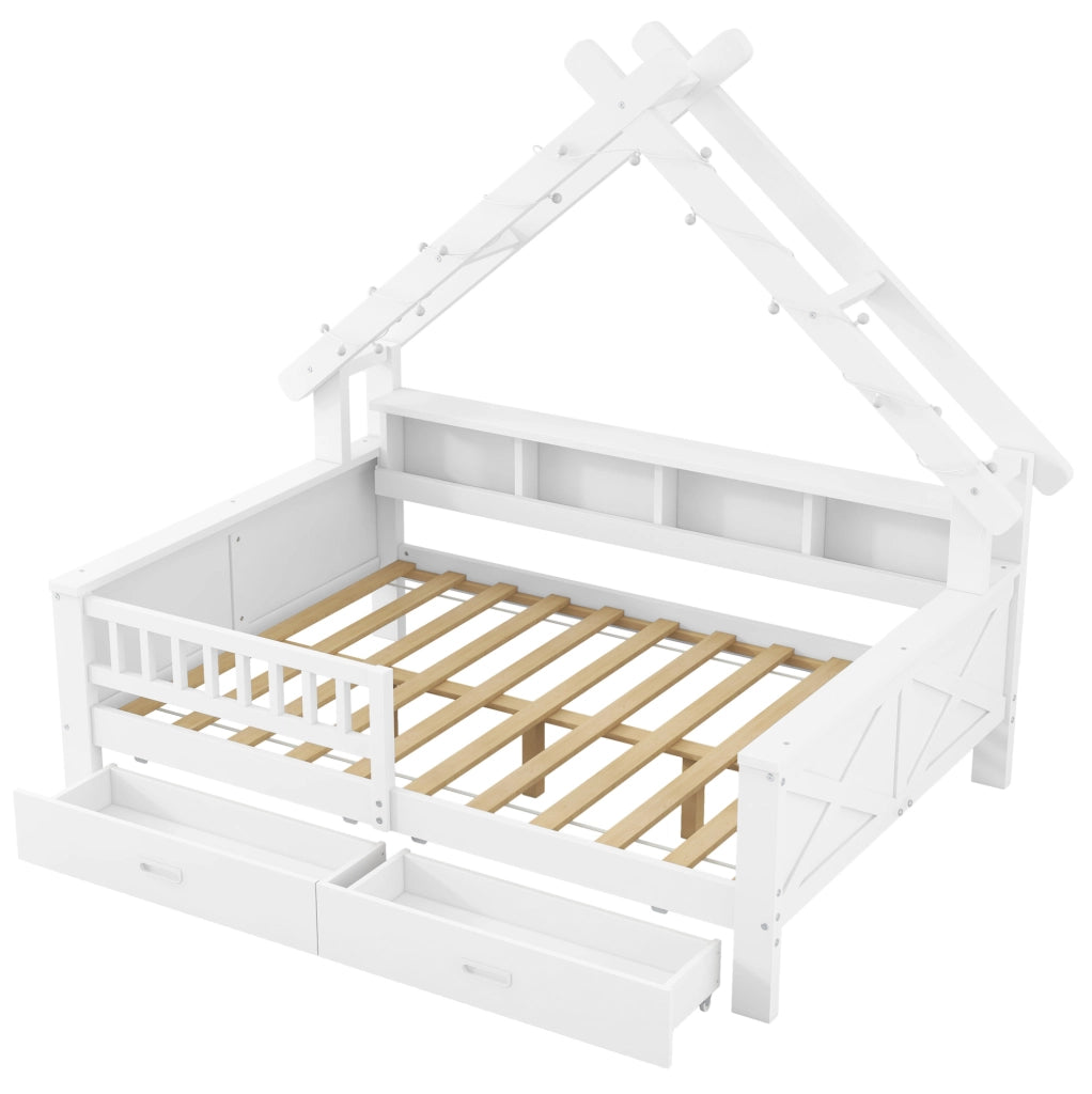 Letto a casetta 140x200 cm con LED, ripiani e 2 cassetti in pino, MDF e compensato bianco