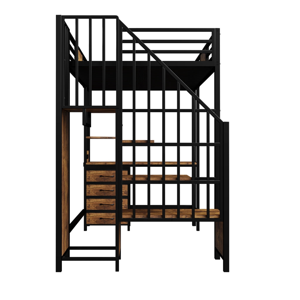 Letto a soppalco per bambini 90x200 cm con scrivania; LED e presa; ripiani e appendiabiti; metallo nero