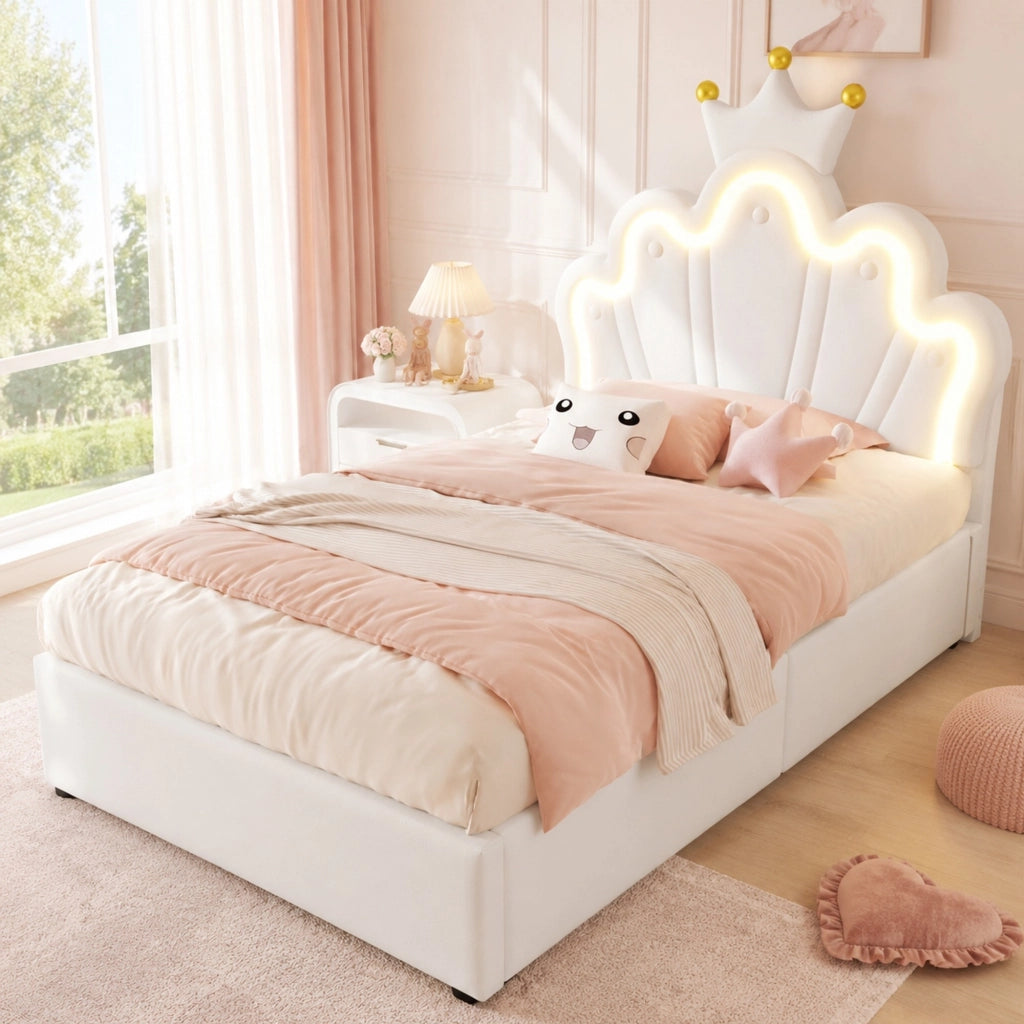 Letto singolo imbottito 90 × 200 cm con contenitore idraulico PU bianco testiera regolabile e LED