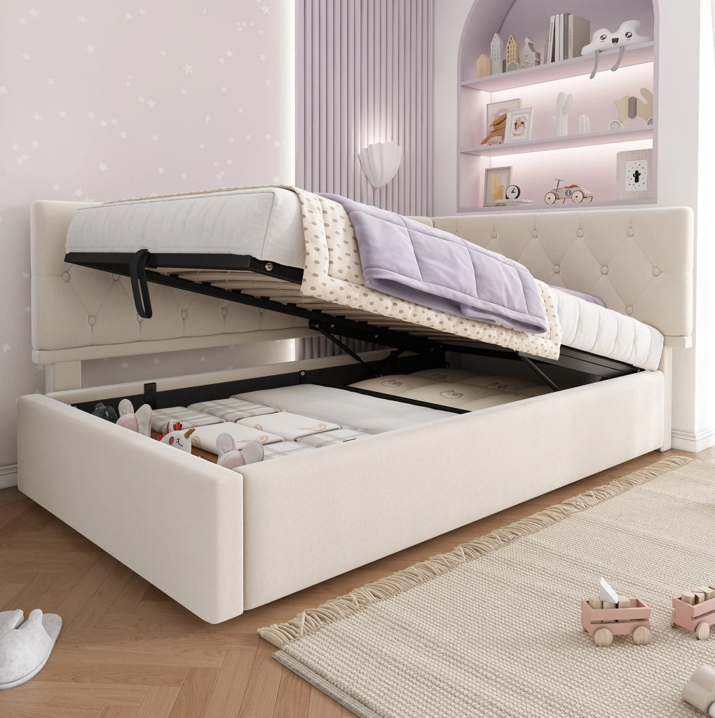 Letto 90x190 cm con contenitore idraulico in velluto beige e testiera reversibile