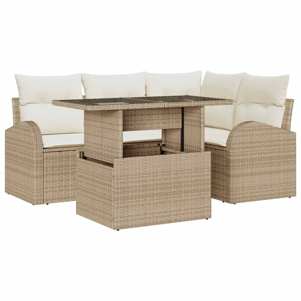 Set Divano da Giardino con cuscino 5 pcs Beige Poly Rattan