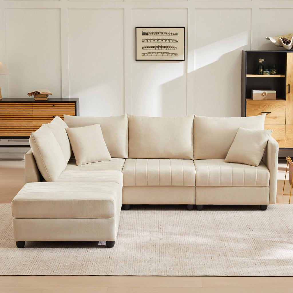 Divano modulare 220x194x85 cm 5 posti con poggiapiedi mobile in tessuto effetto lino beige