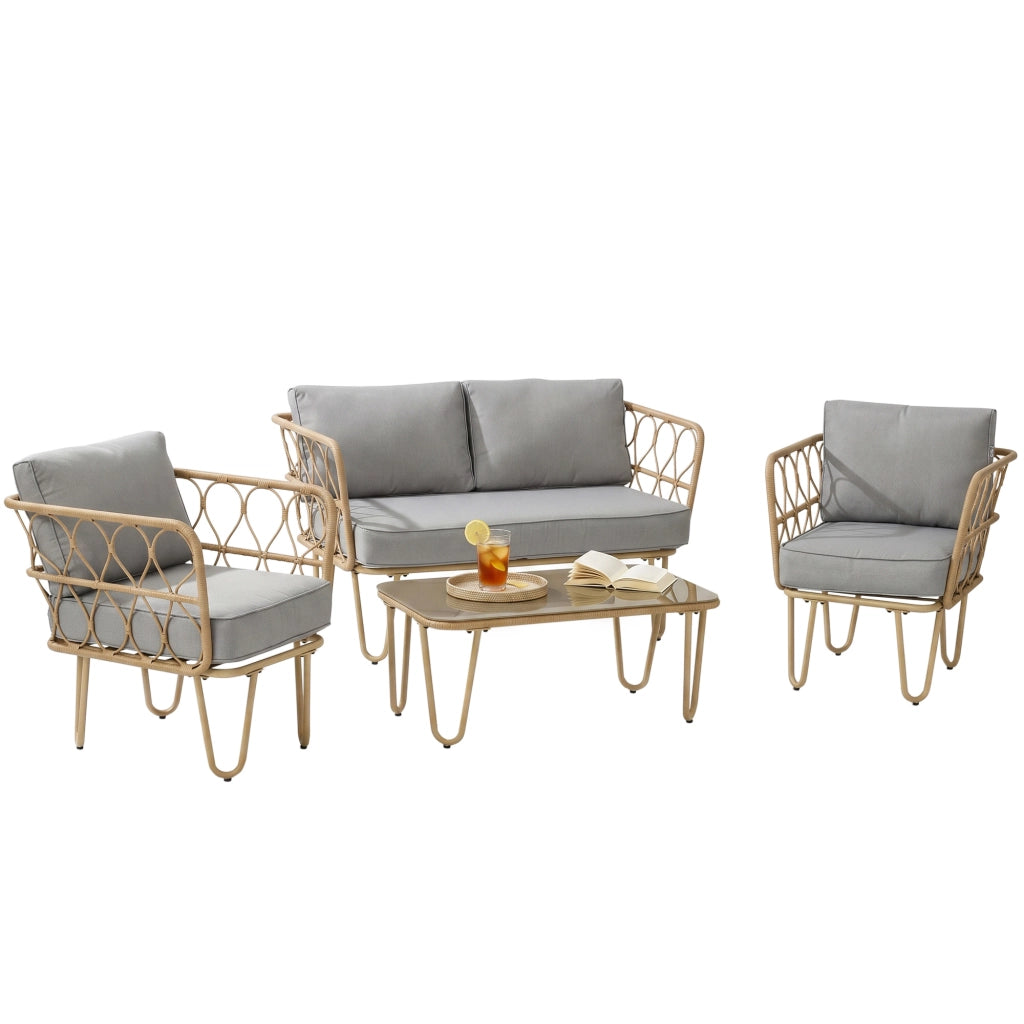 Set Salotto da Giardino in Rattan ¨C zephmum ¨C Divano 2 Posti, 2 Poltrone, Tavolino con Piano in Vetro