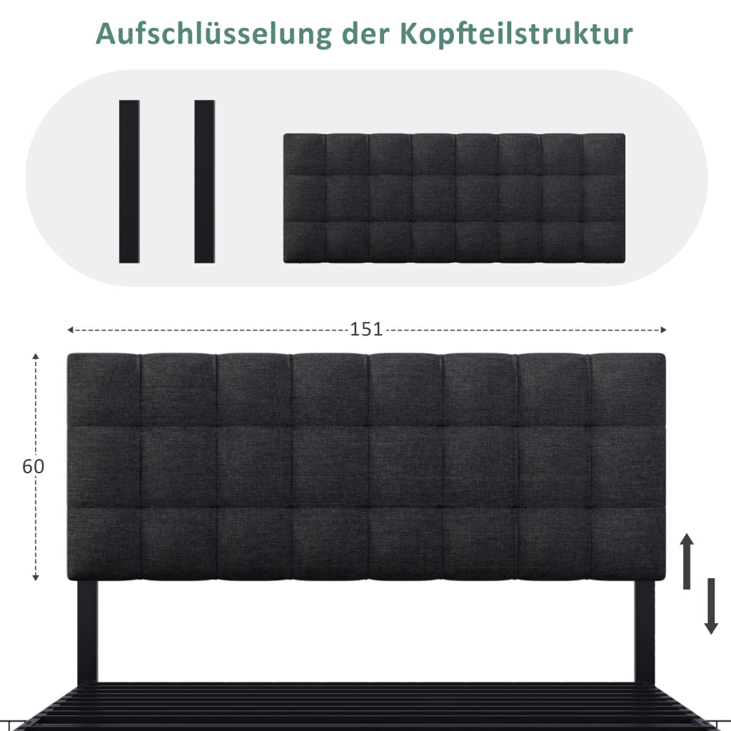 Letto matrimoniale imbottito 140 × 200 cm con 4 cassetti testiera regolabile in lino nero e rete in acciaio