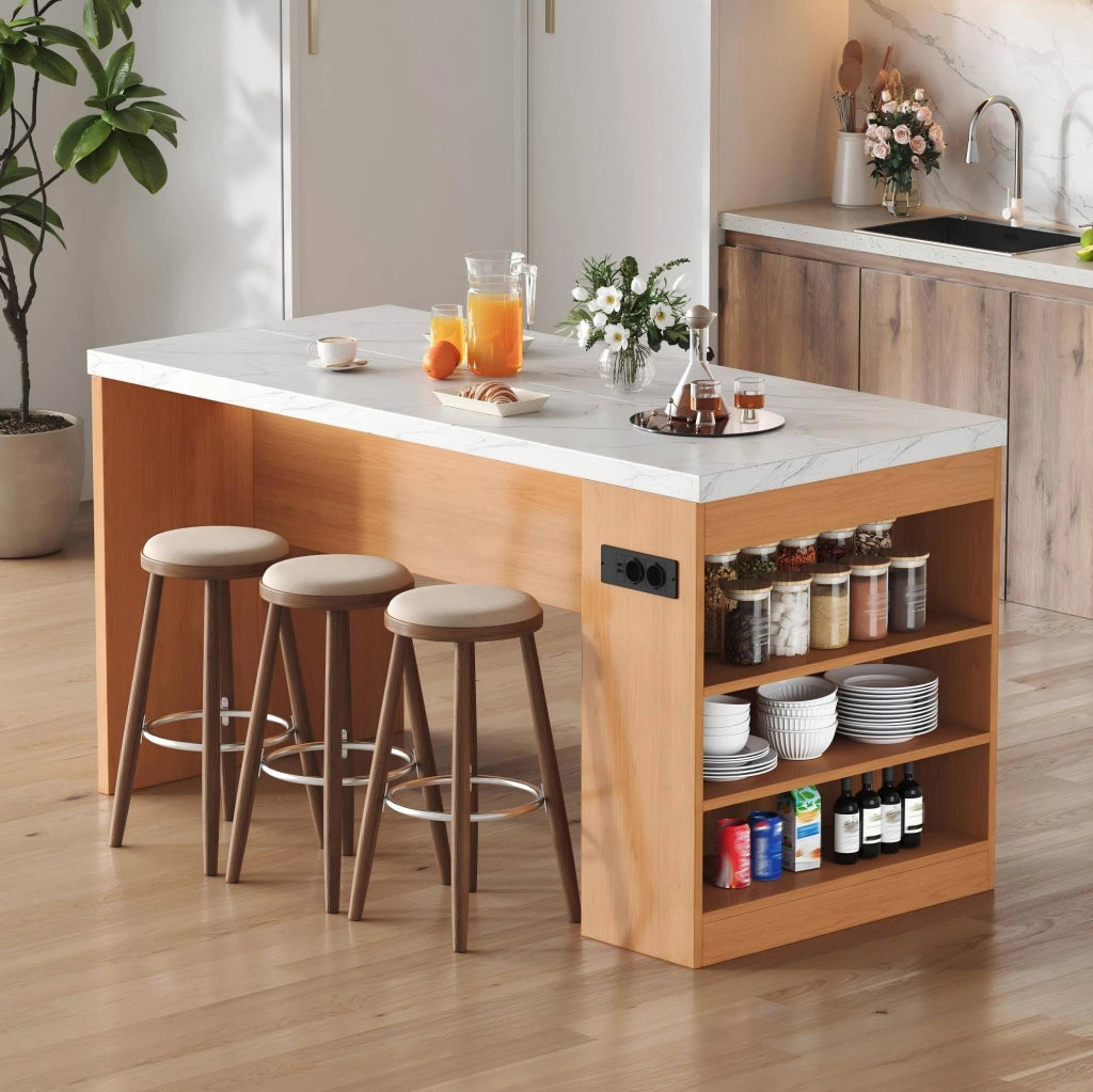Isola da cucina 155x80x90 cm con LED; prese AC e USB; piano in MDF naturale e bianco