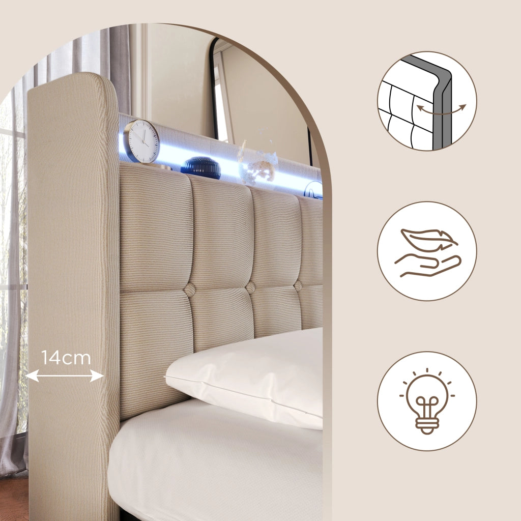 Letto con cassetti 180 × 200 cm con testiera rivestita in lino LED prese USB quattro cassetti beige rete a doghe