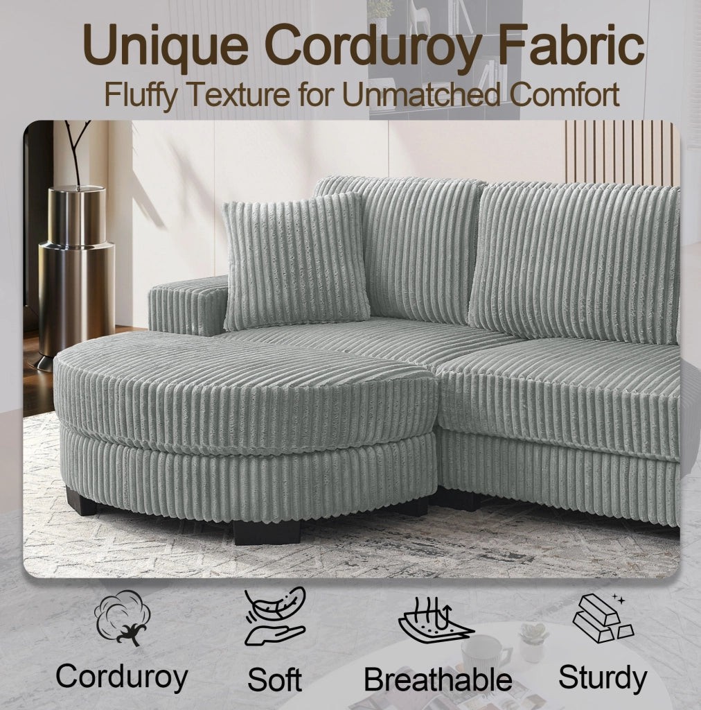Divano angolare ULEVR 256,5x133,5x89 cm con pouf ovale reversibile, 2 cuscini, velluto a coste grigio