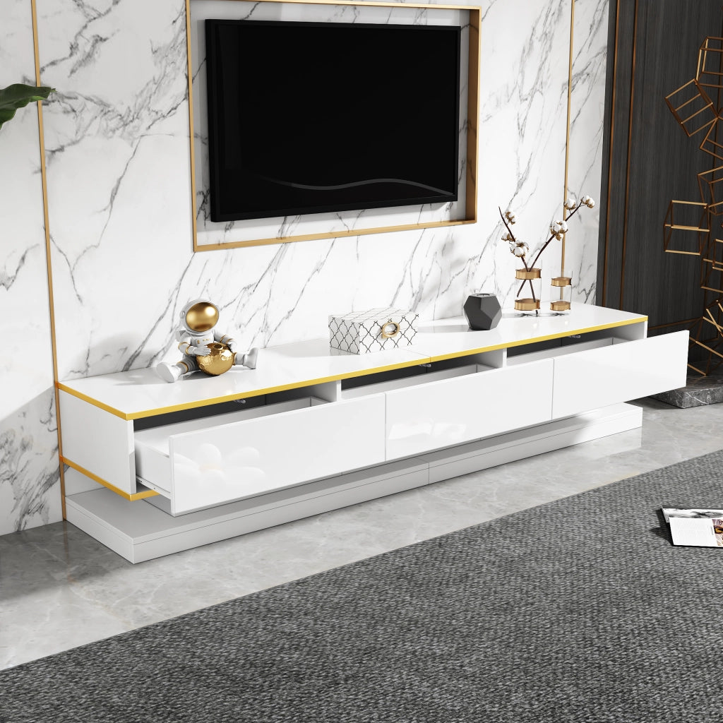 Mobile TV con 3 cassetti a pressione e vani aperti in truciolare bianco caldo con bordo dorato 200 × 40 × 40 cm
