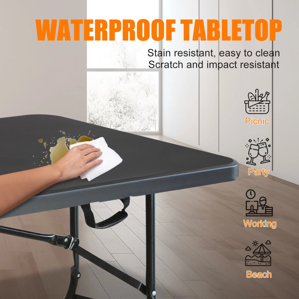 Tavolo pieghevole 180x73,6x73,6 cm nero, con maniglia, per campeggio e interni