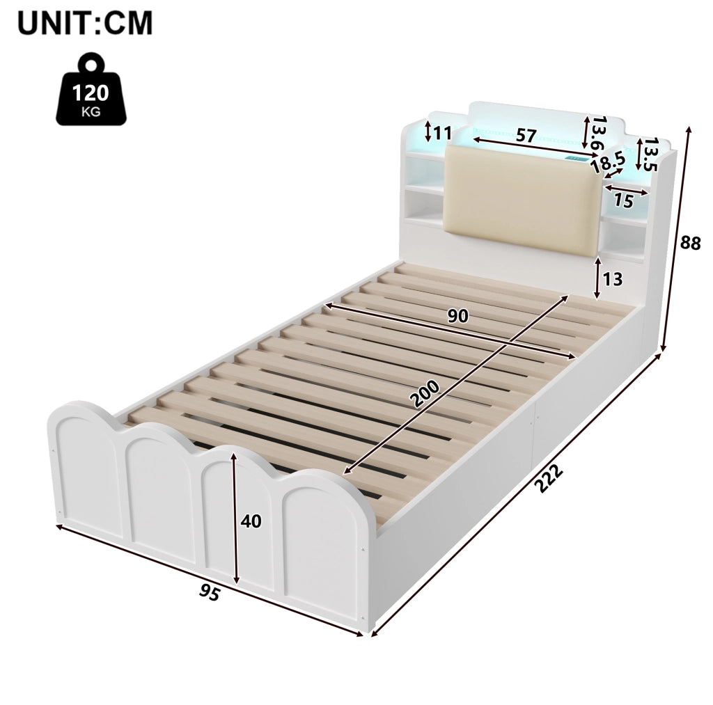 Letto singolo contenitore 90x200 cm in legno di pino bianco con LED; USB e USB-C