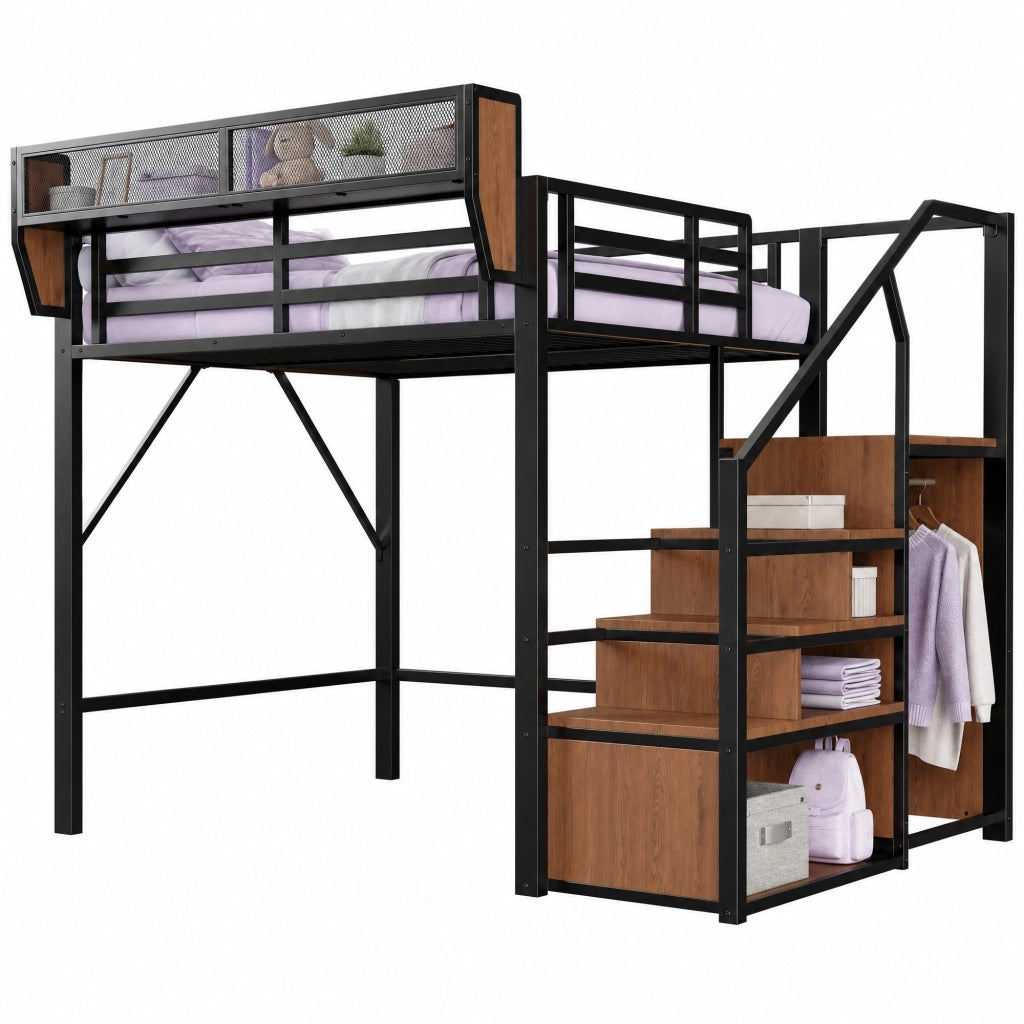 Letto a soppalco 140x200 cm in metallo con LED; scala di sicurezza e ripiani; nero