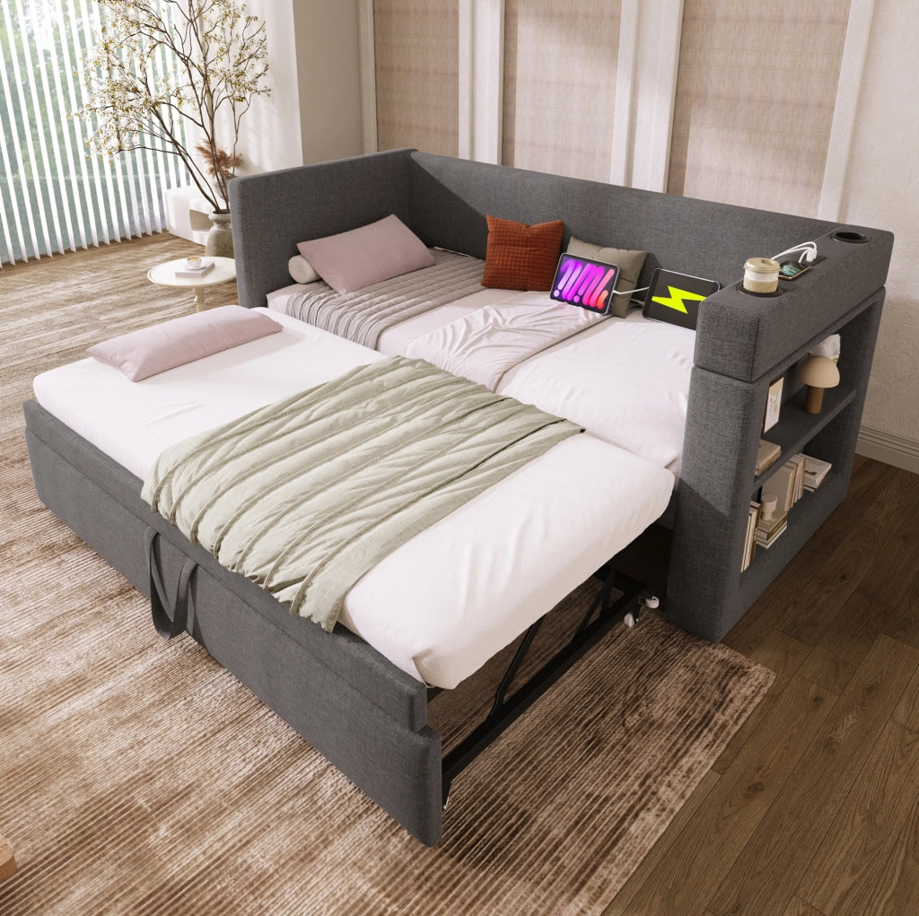 Letto singolo con letto estraibile 90x190 cm con USB-C e portabevande grigio HOMVRA