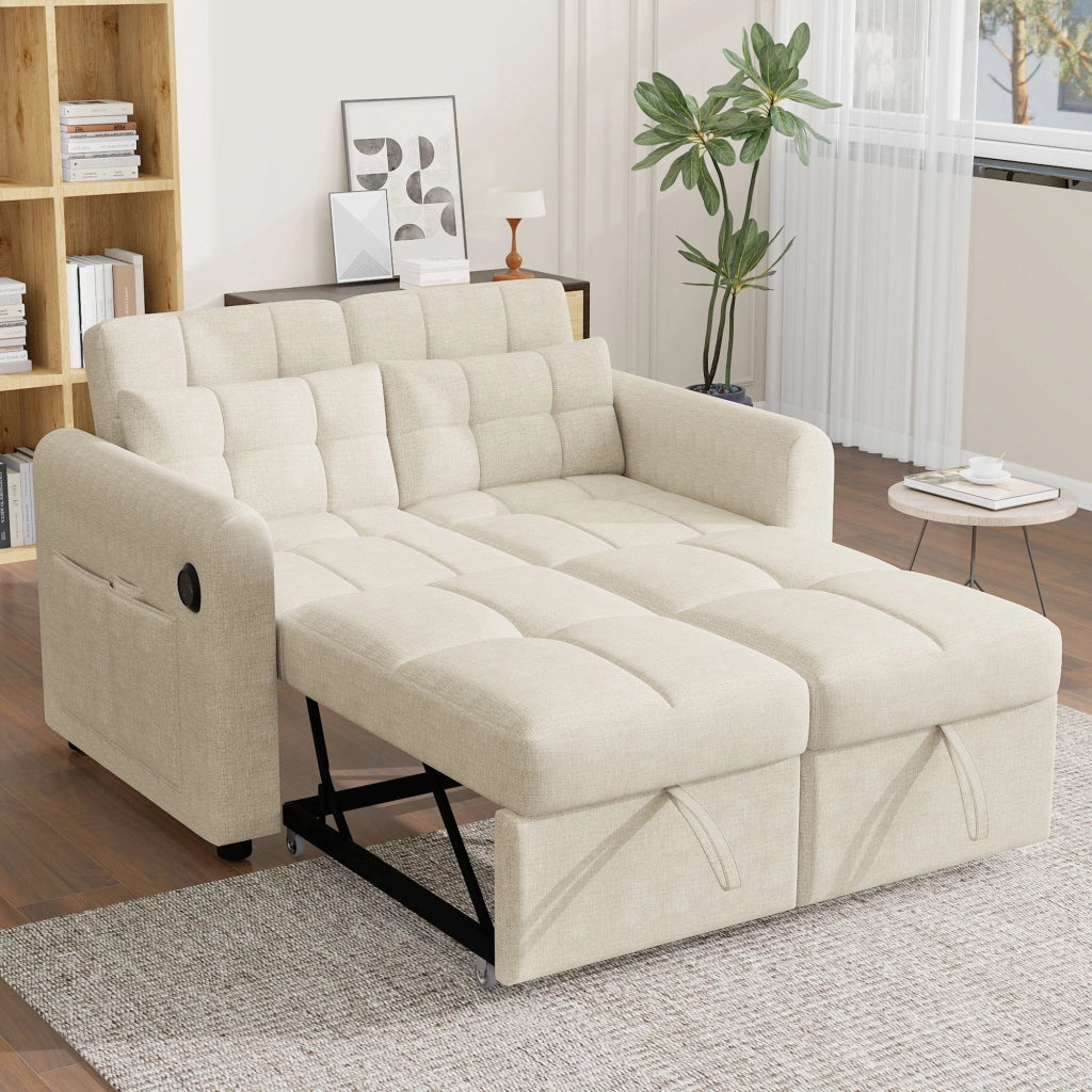 Divano letto 2 posti 3 in 1 beige in tessuto effetto lino con schienale regolabile; USB e tasche