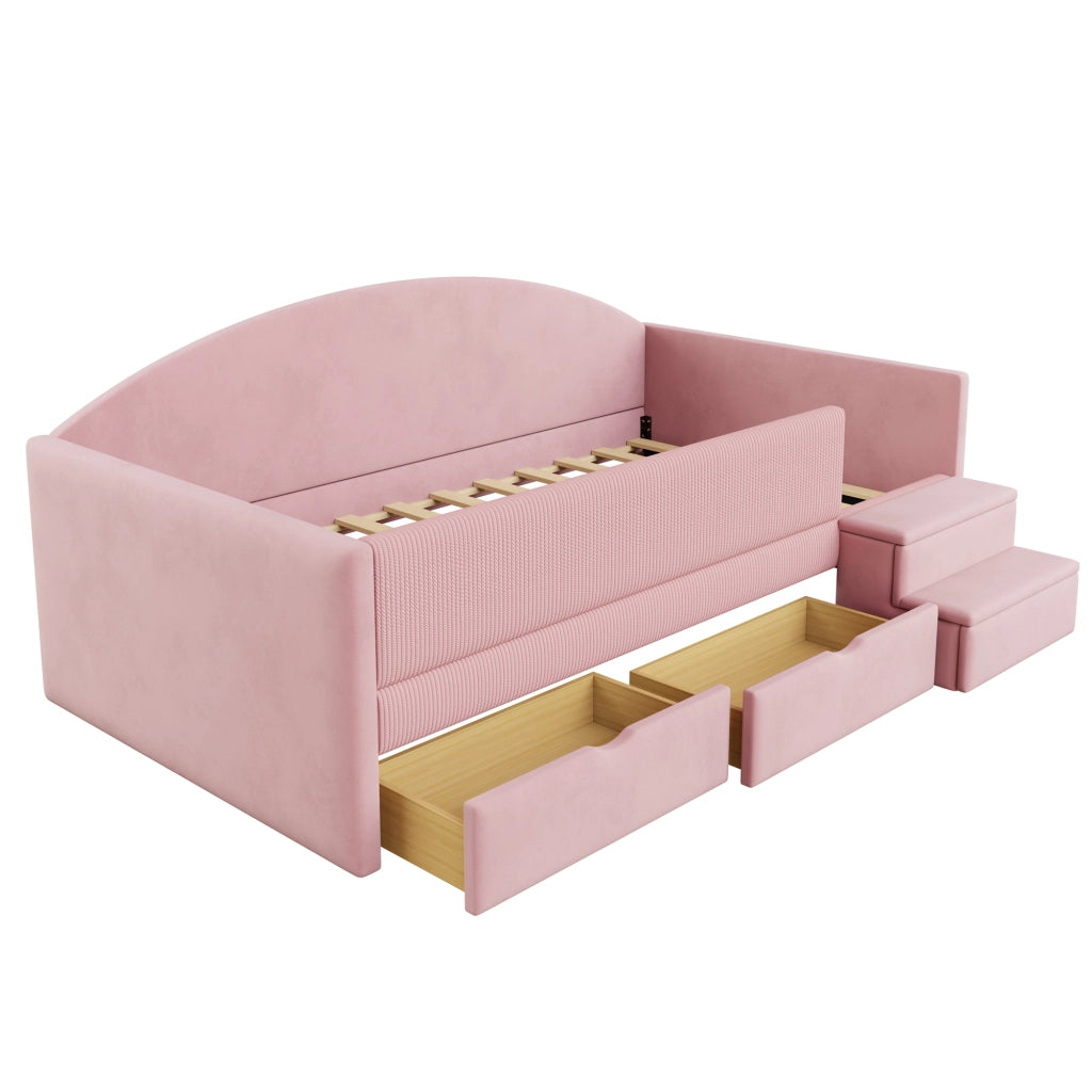Divano letto imbottito in velluto grigio, letto singolo 90x190 con cassetti e sponde