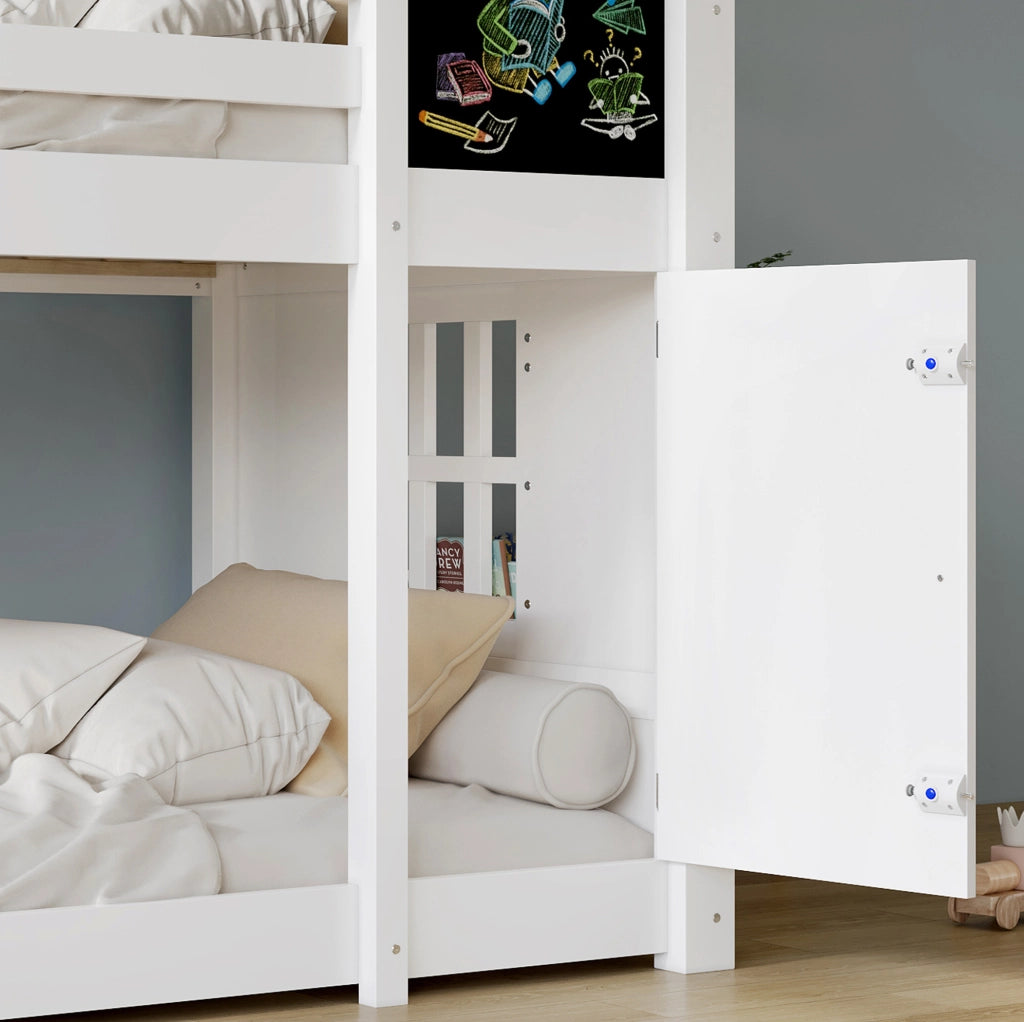 Letto a castello per bambini 90x200 cm con lavagna e scala inclinata in pino bianco