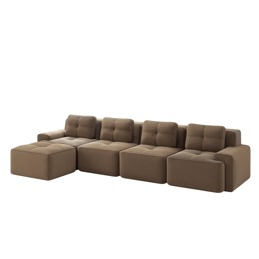 Sofa modulare senza braccioli a L in tessuto di velluto a coste marrone, 4 posti, imbottitura profonda per soggiorno