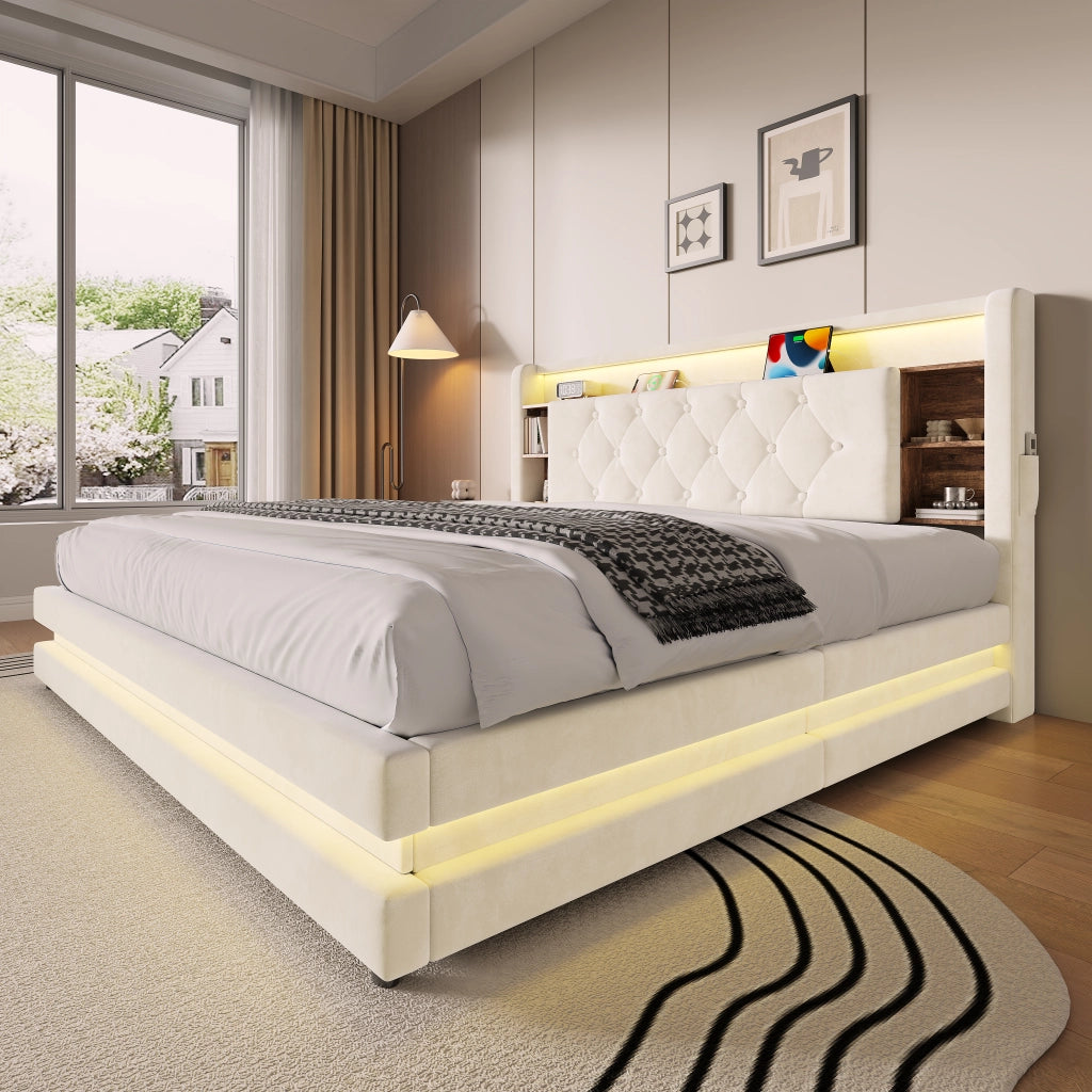 Letto imbottito 160x200 cm con vano contenitore; LED; USB e Type-C; testiera con ripiani; velluto beige