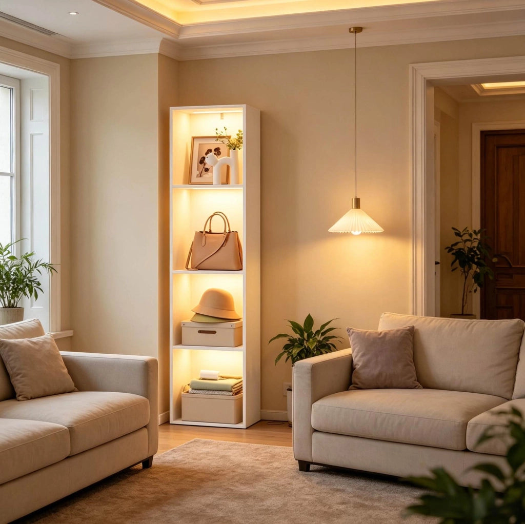 Libreria verticale bianca a 4 ripiani con illuminazione RGB