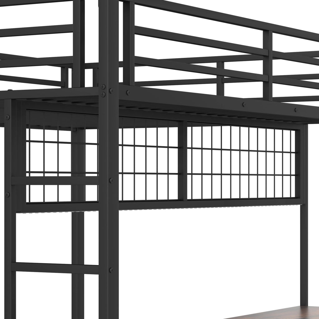 Letto a soppalco 140 x 200 cm nero con scrivania, LED e contenitore