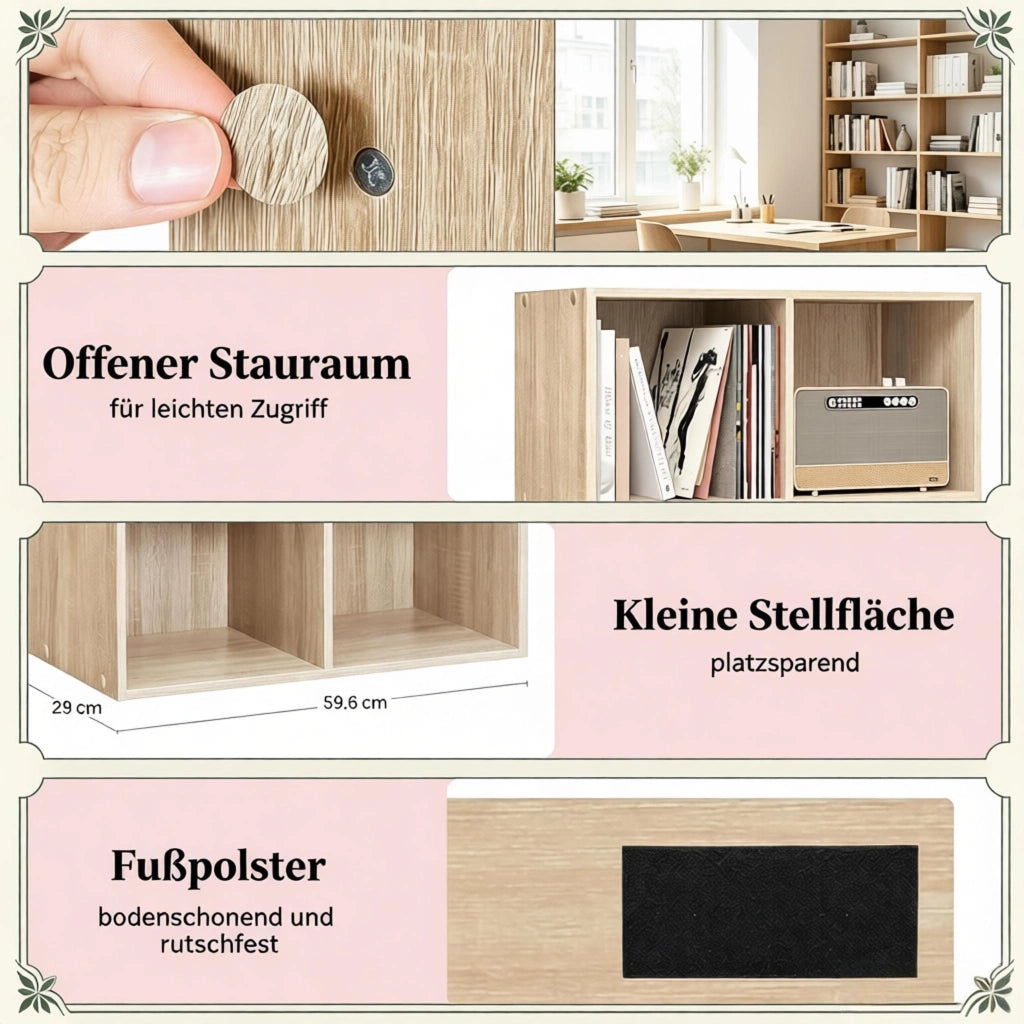 libreria aperta a cubi in legno ingegnerizzato E1 con 6 vani, scaffale multifunzione per casa e ufficio, rovere