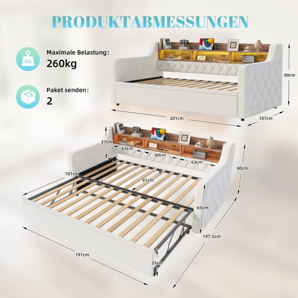 Divano letto 90x190 cm in velluto beige con contenitore in legno, illuminazione LED, prese USB e Type-C, rete a doghe e braccioli