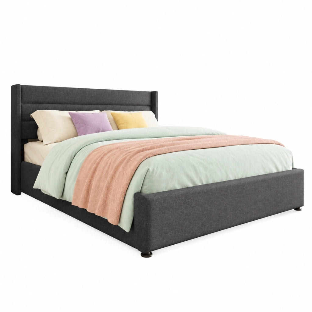 Letto contenitore 160x200 cm in lino grigio, idraulico, senza materasso