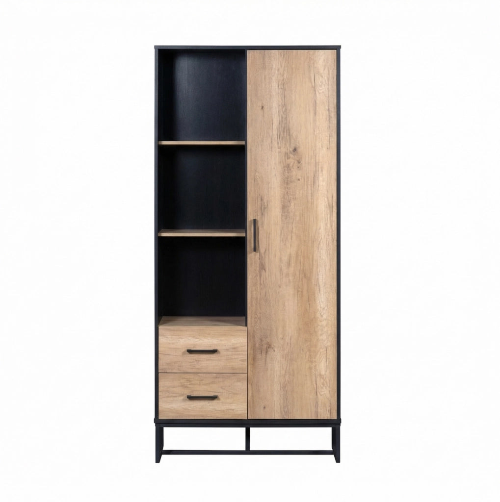 Mobile Highboard 80x40x180 cm in Legno Chiaro con Struttura Nera, 1 Porta, 2 Cassetti e 3 Ripiani Aperti