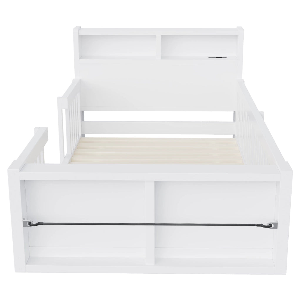 Letto singolo 90 × 190 cm con sponde alte USB luce notturna vano portoggetti ai piedi in legno bianco