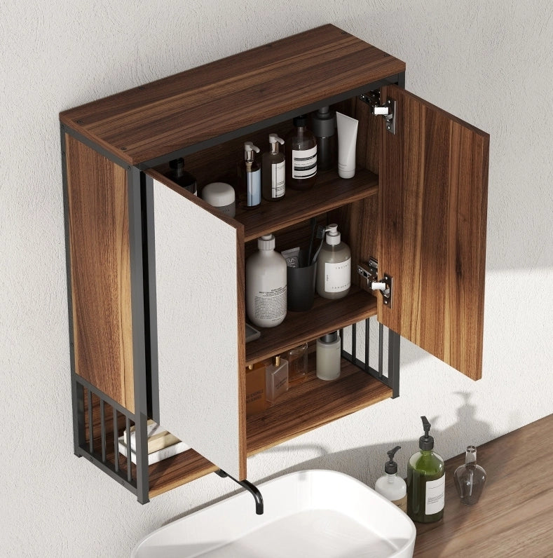Mobile bagno sospeso in MDF e truciolato marrone con specchio 25x40,5 cm